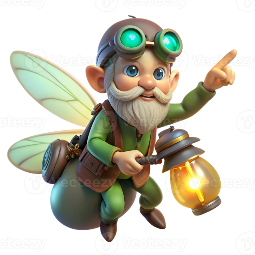 dramatic contemporary beautiful modern A whimsical, gnome tinkerer, with goggles and a clockwork arm, riding a giant, bioluminescent firefly through a dark forest.... png