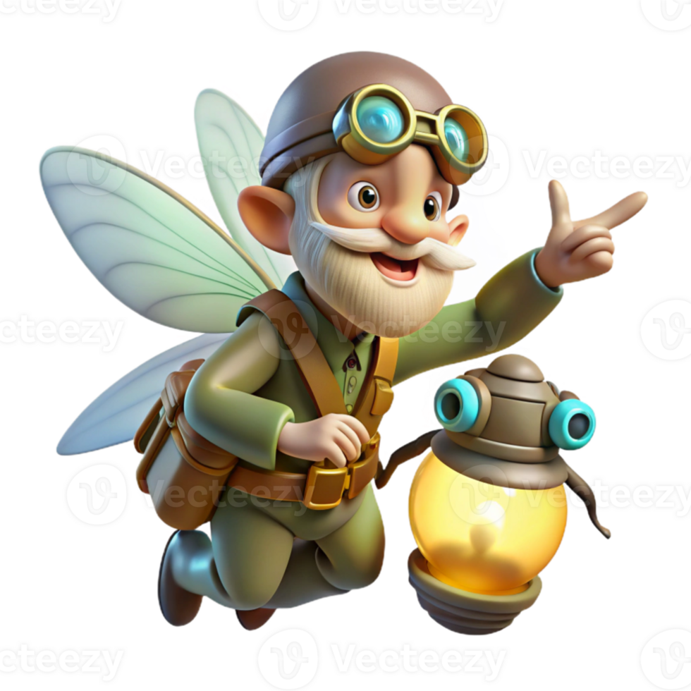 magnificent creative stunning classic A whimsical, gnome tinkerer, with goggles and a clockwork arm, riding a giant, bioluminescent firefly through a dark forest.... png