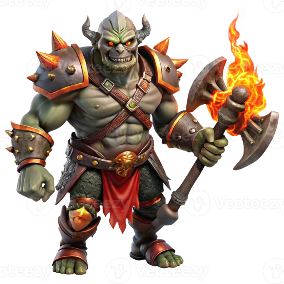 dramatic minimalist vibrant modern A fierce orc chieftain, adorned with warpaint and skulls, wielding a flaming battleaxe, amidst a storm of swirling embers.... png