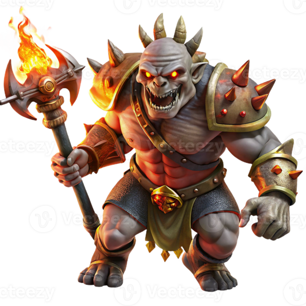 vibrant modern impressive classic A fierce orc chieftain, adorned with warpaint and skulls, wielding a flaming battleaxe, amidst a storm of swirling embers.... png