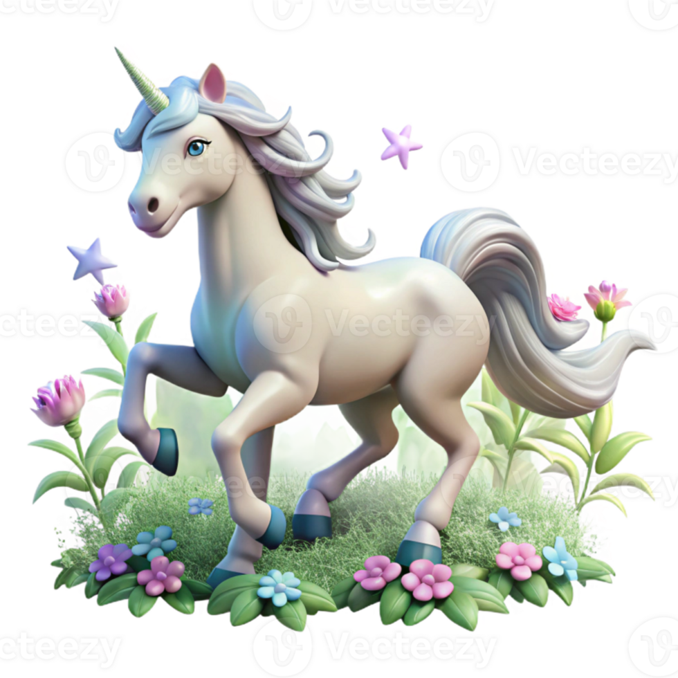 stunning vintage stunning traditional A graceful, ethereal unicorn with a silver mane and horn, galloping through a field of star-shaped flowers.... png