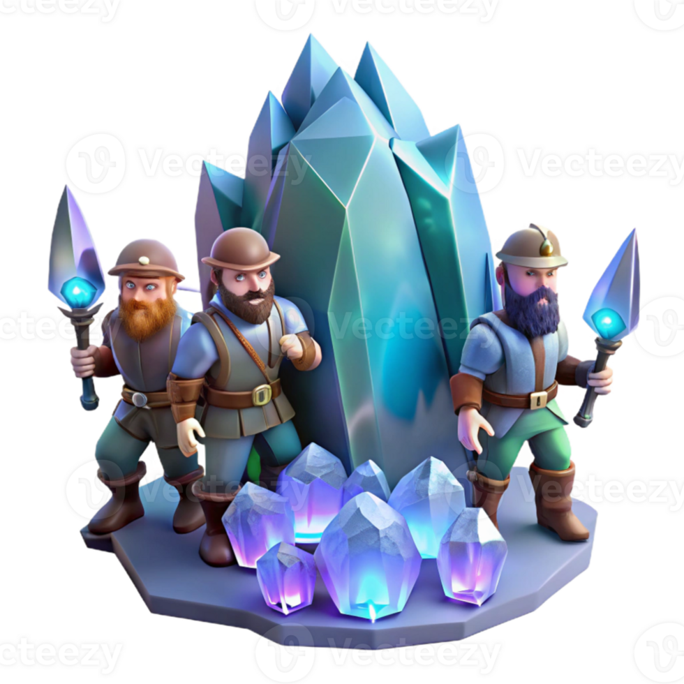 beautiful contemporary serene contemporary A group of adventurous dwarves, clad in leather and steel, exploring a crystal cave illuminated by glowing geodes.... png
