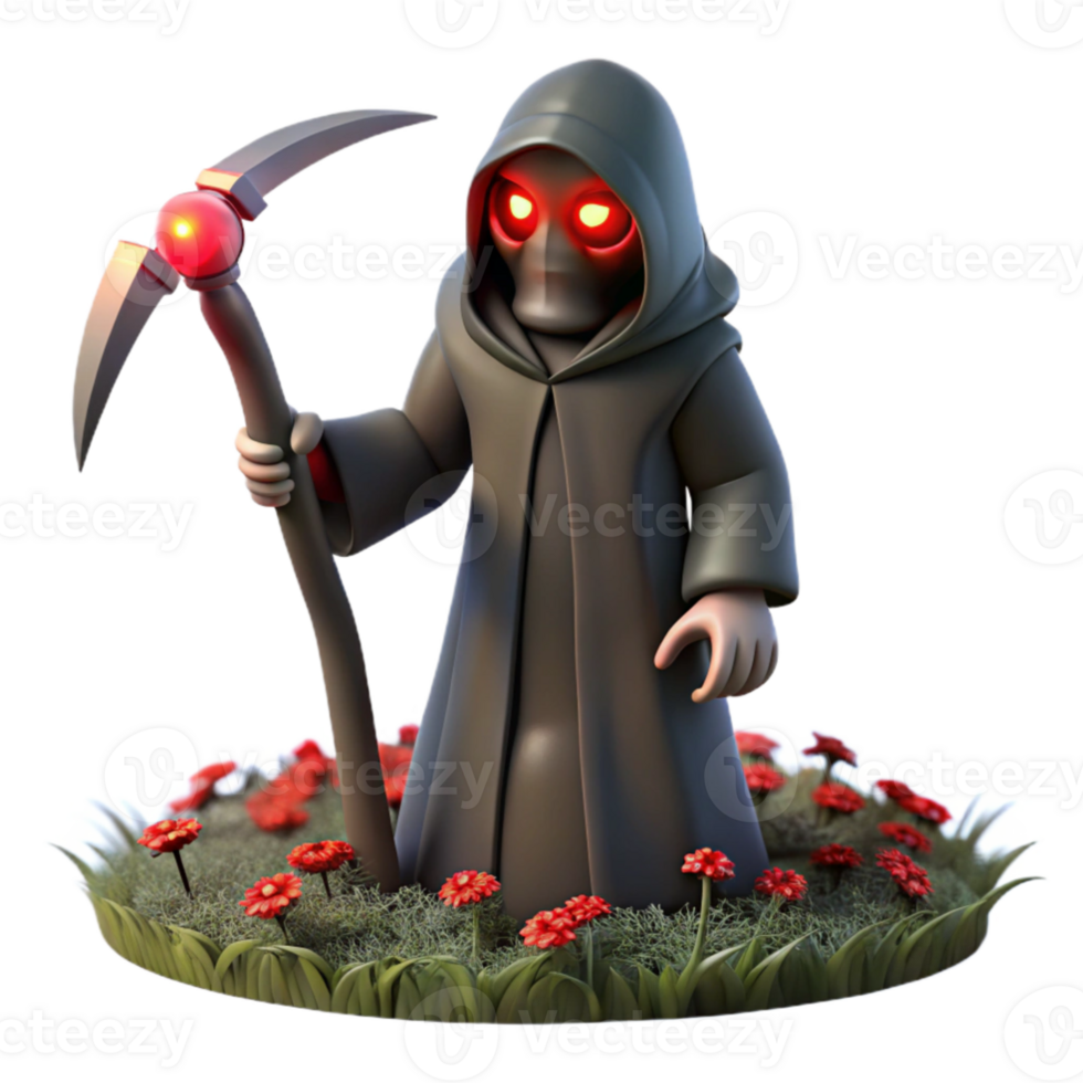 dramatic rustic magnificent abstract A menacing, shadowy figure with glowing red eyes, wielding a scythe, standing in a field of withered flowers.... png