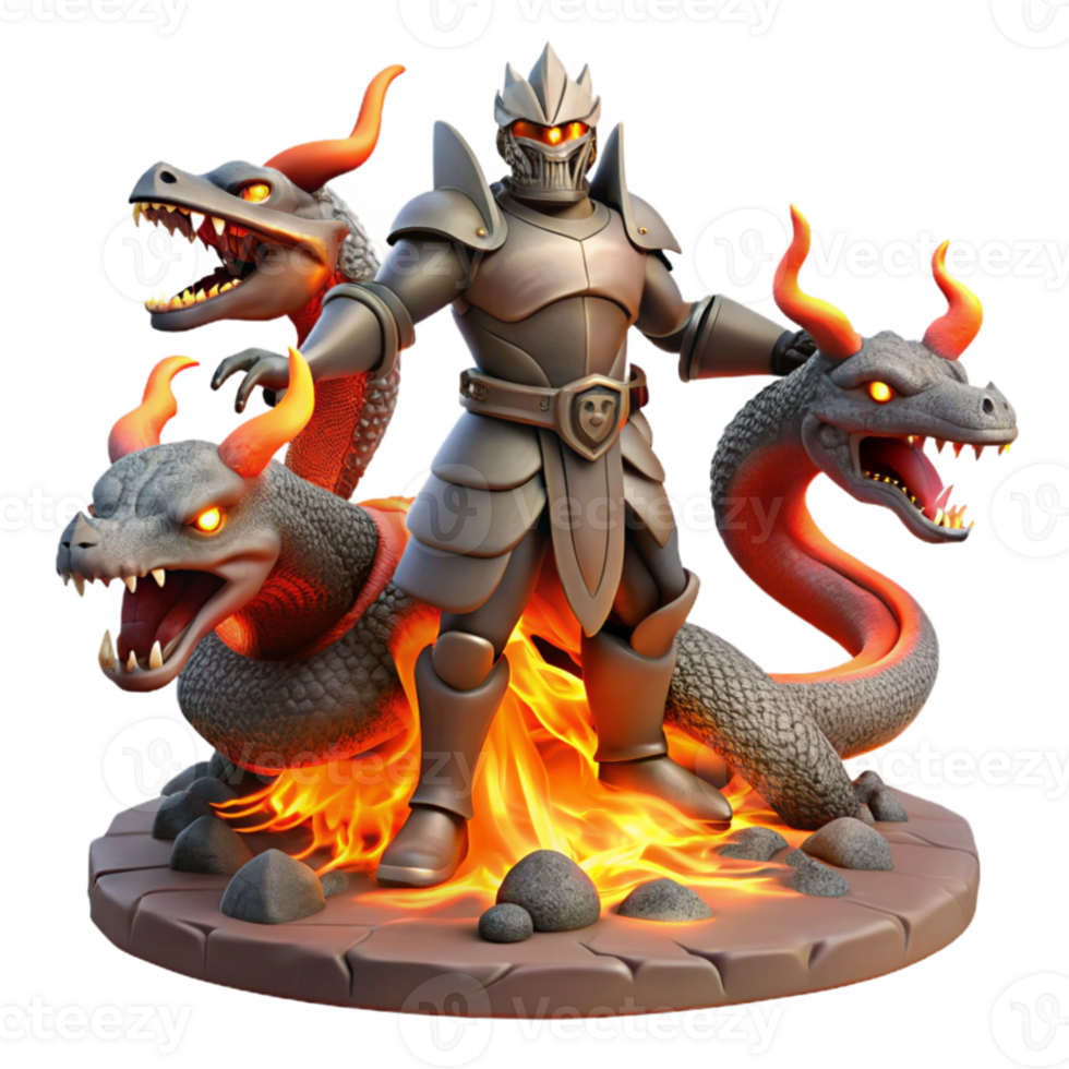 elegant artistic dramatic creative A valiant knight in shining armor, battling a three-headed hydra in a fiery volcano. Heroic fantasy style, dynamic lighting detailed authentic png