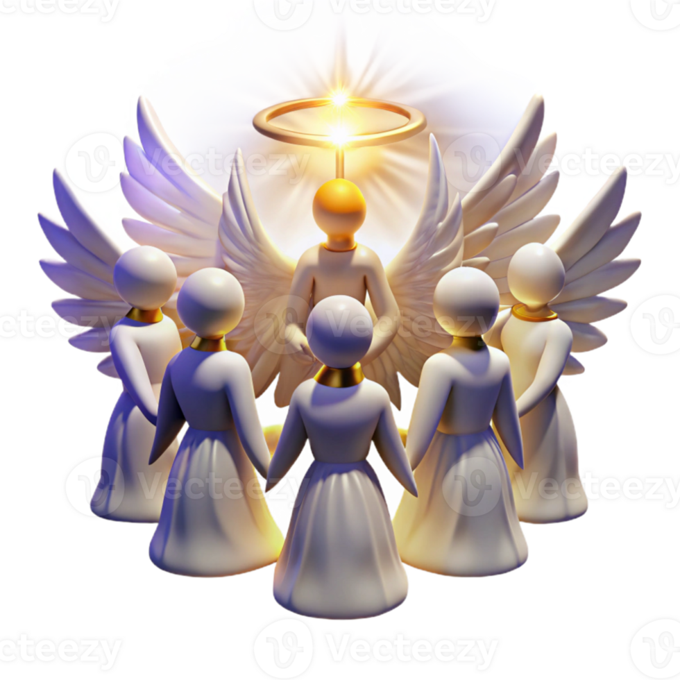 elegant abstract stunning creative A group of celestial beings, with glowing wings and halos, ascending towards a radiant light source. Divine style, ethereal lighting exclusive original png