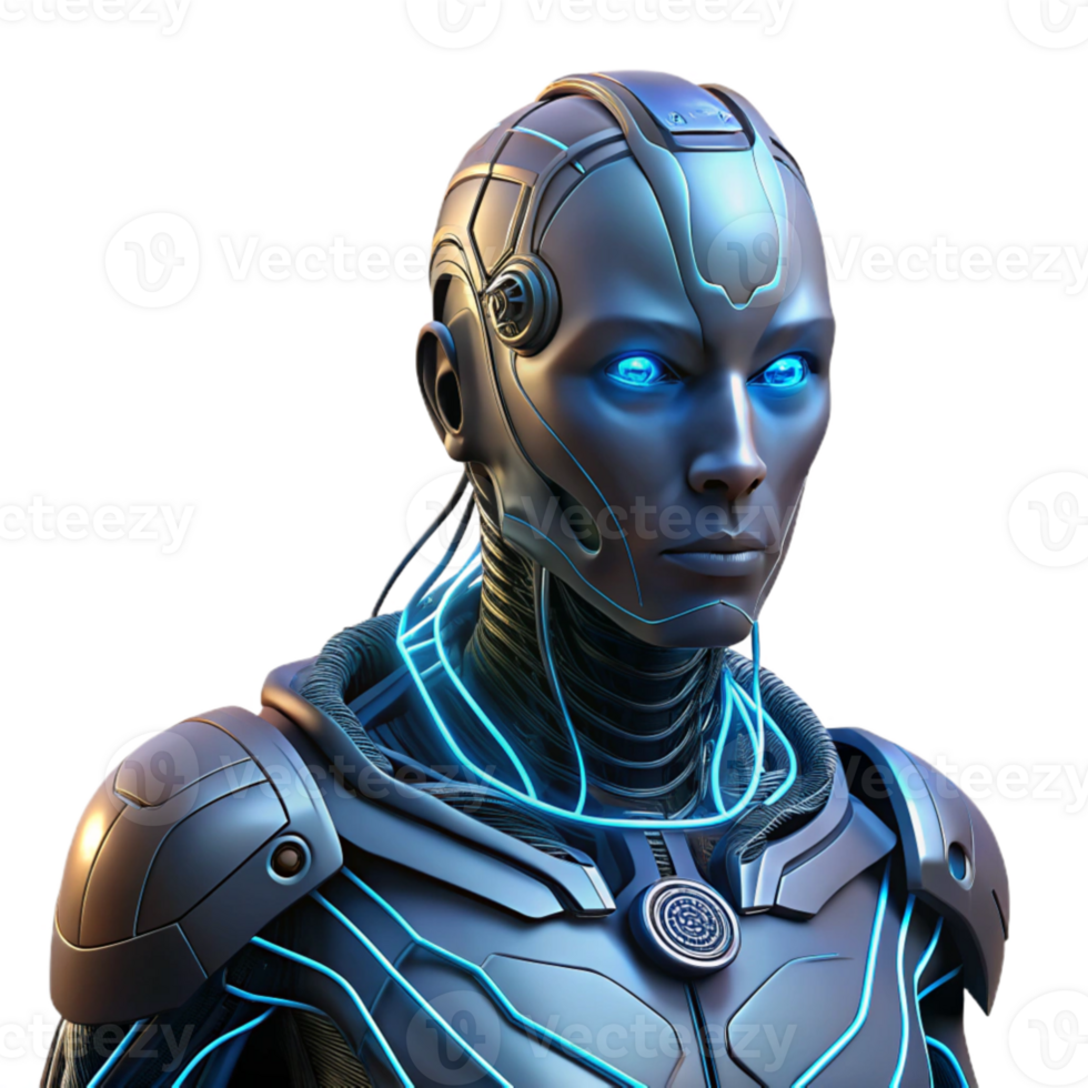 magnificent minimalist magnificent creative A stoic cyborg, intricate wires and glowing circuitry visible beneath translucent skin, lit by a single, harsh spotlight from above, cyberpunk style... png