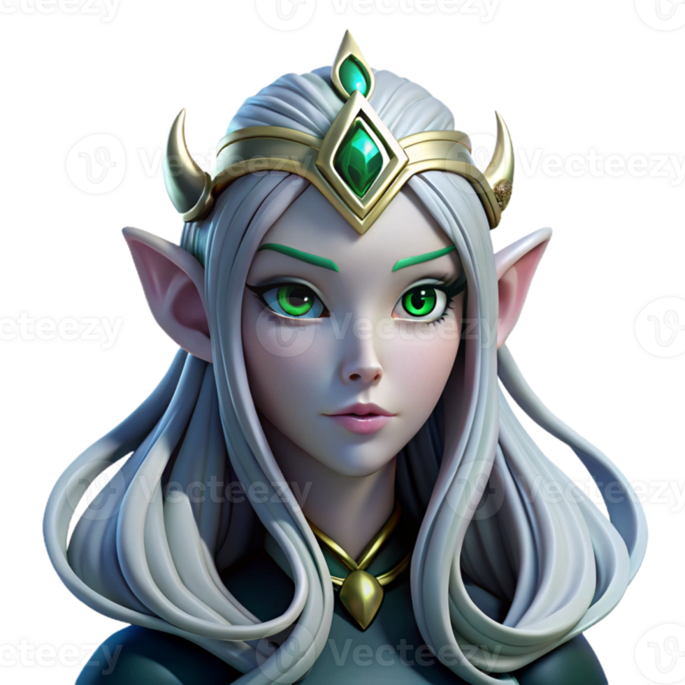 wonderful minimalist elegant modern A regal elf queen with emerald eyes and flowing silver hair, dramatic chiaroscuro lighting, Art Nouveau style detailed premium png