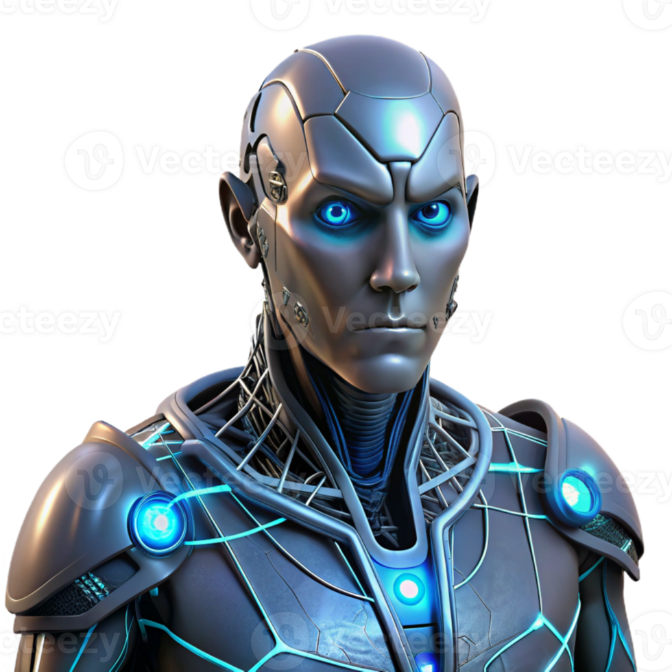 wonderful modern wonderful modern A stoic cyborg, intricate wires and glowing circuitry visible beneath translucent skin, lit by a single, harsh spotlight from above, cyberpunk style authentic... png