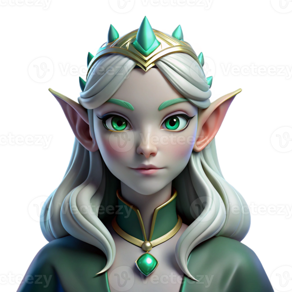 deslumbrante criativo sereno moderno uma régio duende rainha com esmeralda olhos e fluindo prata cabelo, dramático claro-escuro iluminação, arte nouveau estilo 4k original png