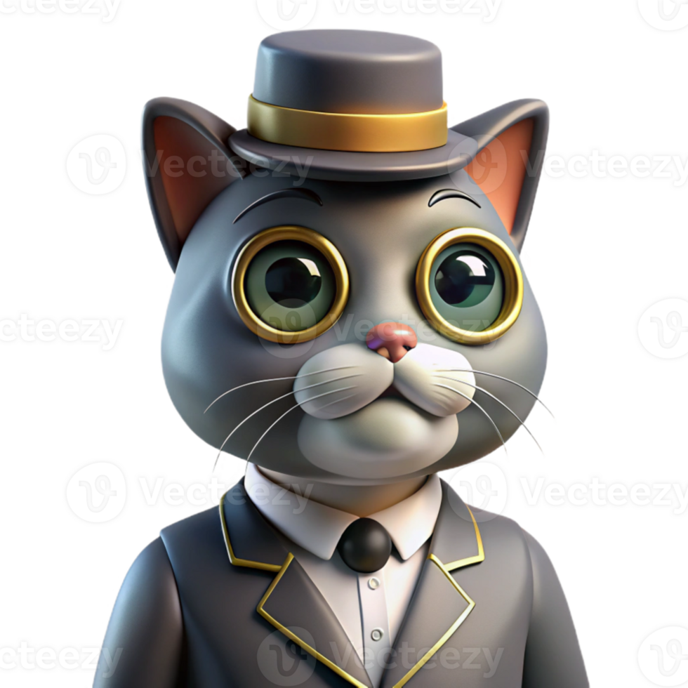 dramatic classic vibrant traditional A whimsical portrait of a cat wearing a monocle and a top hat, dramatic Rembrandt lighting, surrealist style professional authentic png
