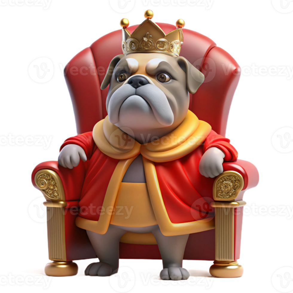 elegant modern wonderful modern A grumpy-looking bulldog wearing a miniature crown and a velvet robe, sitting on a plush, red throne, dimly lit, Renaissance painting style authentic original png