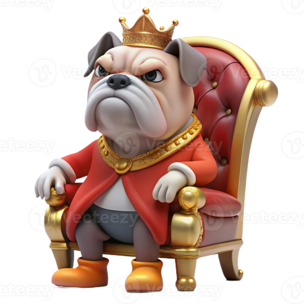stunning rustic dramatic contemporary A grumpy-looking bulldog wearing a miniature crown and a velvet robe, sitting on a plush, red throne, dimly lit, Renaissance painting style authentic detailed png