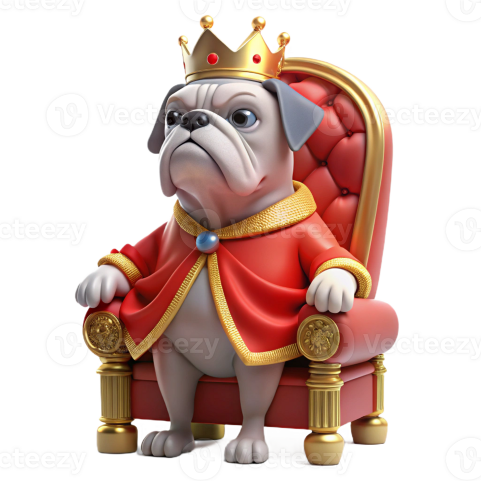 elegant artistic beautiful minimalist A grumpy-looking bulldog wearing a miniature crown and a velvet robe, sitting on a plush, red throne, dimly lit, Renaissance painting style premium high... png