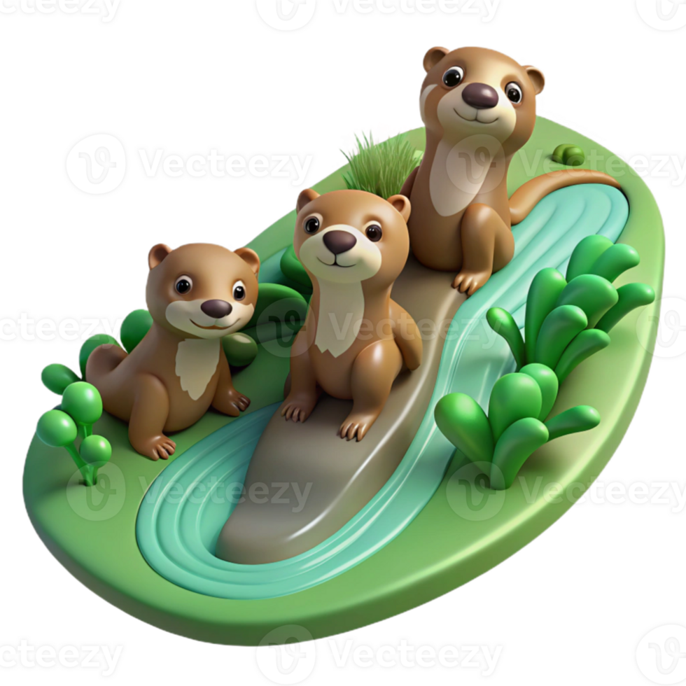 extraordinary abstract stunning minimalist A family of playful otters sliding down a mossy riverbank, dappled sunlight filtering through the trees, illustrated children's book style original... png