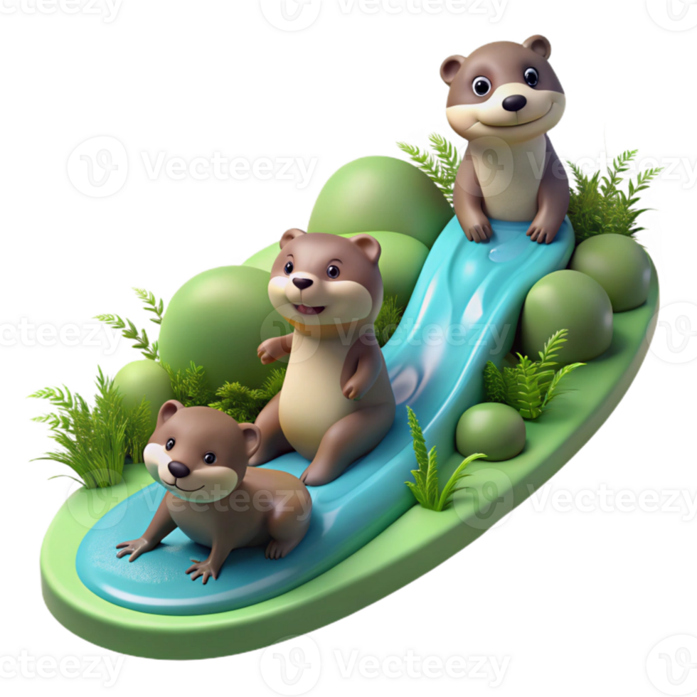 serene abstract vibrant abstract A family of playful otters sliding down a mossy riverbank, dappled sunlight filtering through the trees, illustrated children's book style genuine exclusive png