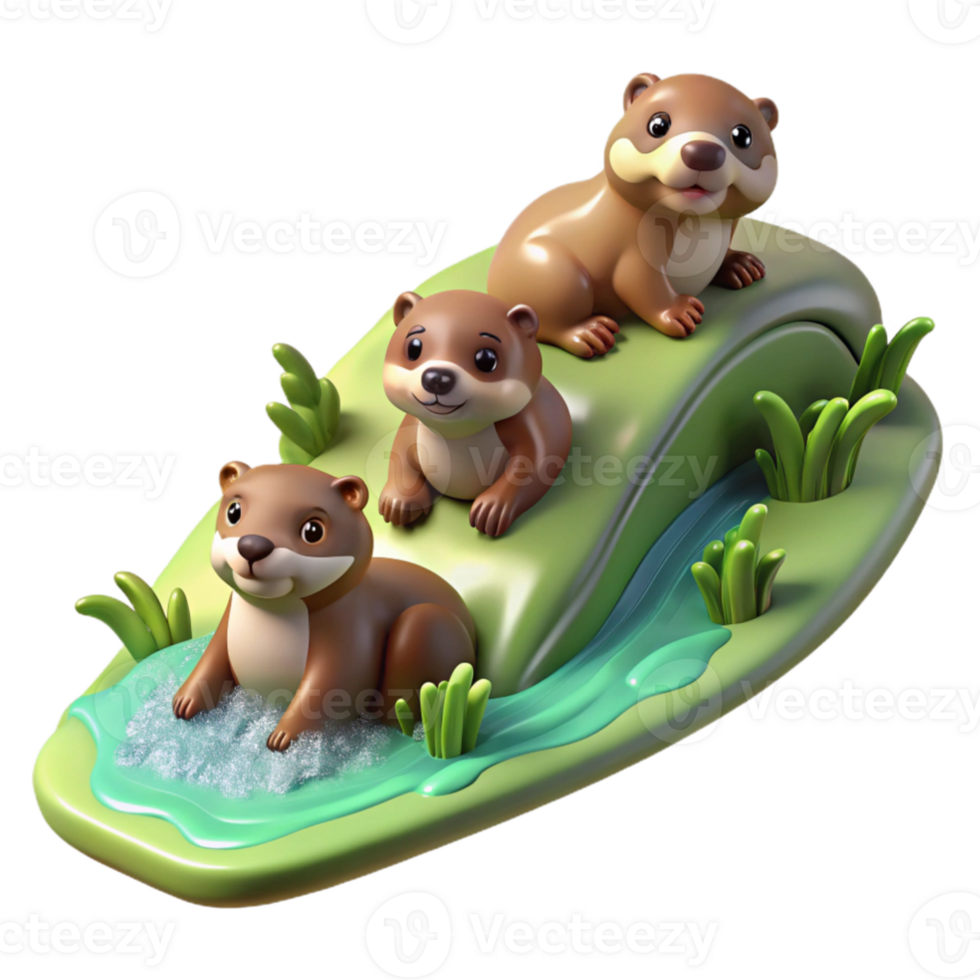 impressive modern vibrant traditional A family of playful otters sliding down a mossy riverbank, dappled sunlight filtering through the trees, illustrated children's book style premium 4K png