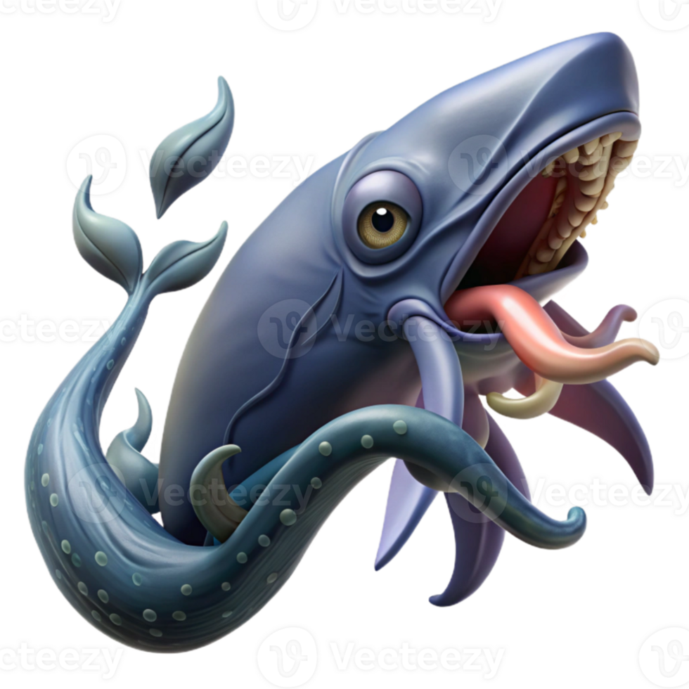 stunning artistic magnificent modern A giant squid battling a sperm whale in the depths of the ocean, dark, dramatic lighting, graphic novel style high resolution premium png