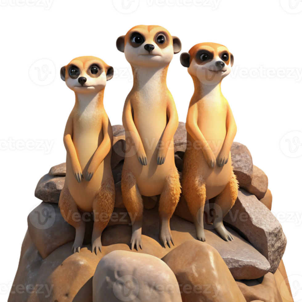 elegant traditional serene traditional A group of meerkats standing guard on a rocky outcrop, warm, midday sun, documentary photography style premium high resolution png