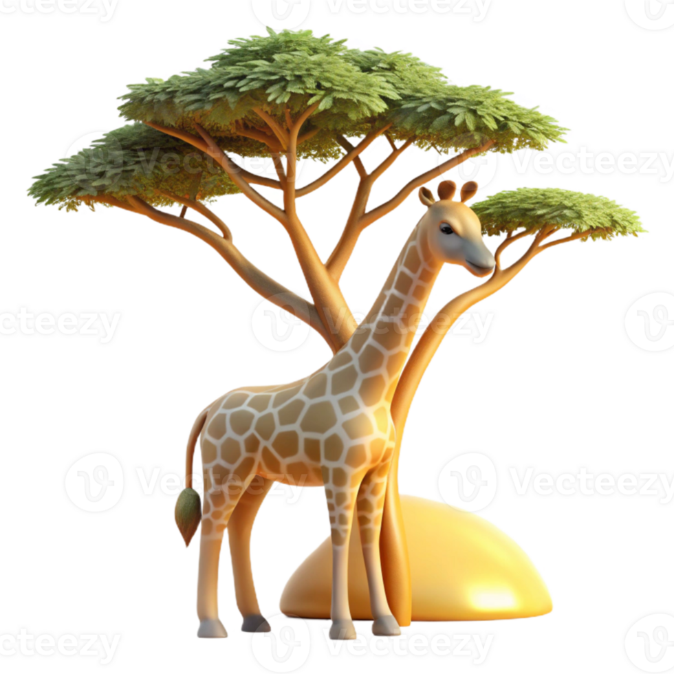 serene contemporary vibrant minimalist A graceful giraffe reaching for leaves on a tall acacia tree, warm, golden hour lighting, minimalist style original 4K png