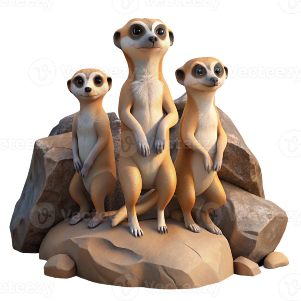 beautiful contemporary stunning traditional A group of meerkats standing guard on a rocky outcrop, warm, midday sun, documentary photography style premium genuine png