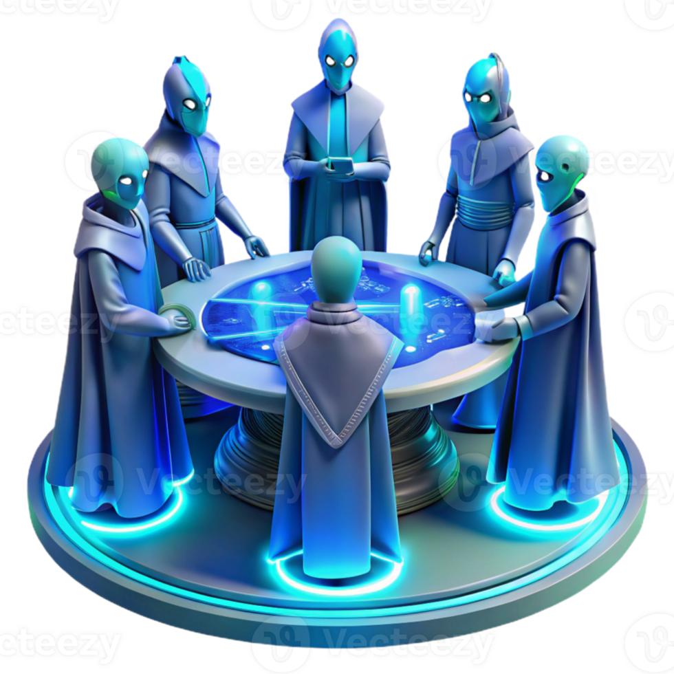 extraordinary traditional elegant traditional A group of alien diplomats in ornate robes, gathered around a holographic table, cool blue lighting, intricate and detailed style professional original png