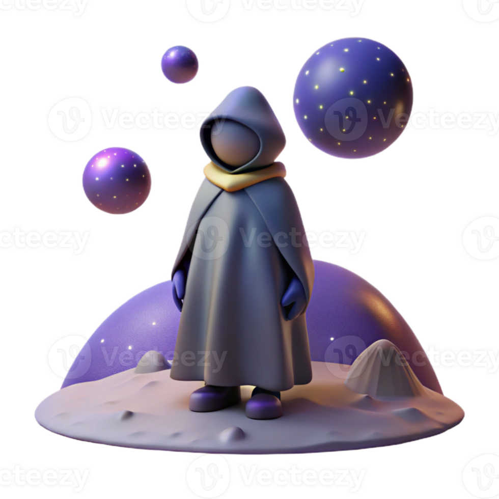 stunning abstract vibrant artistic A lone figure in a hooded cloak standing on a desolate alien planet, starry night sky, mysterious and atmospheric style original genuine png
