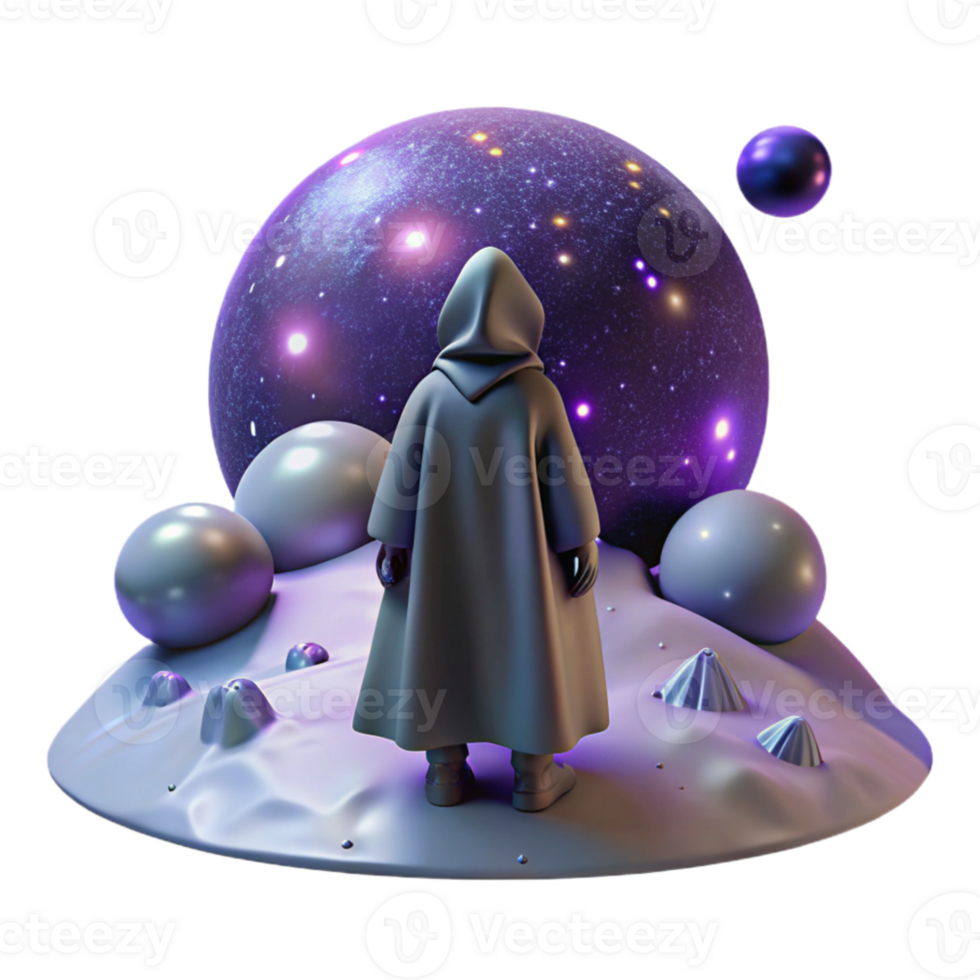 elegant artistic extraordinary traditional A lone figure in a hooded cloak standing on a desolate alien planet, starry night sky, mysterious and atmospheric style high quality genuine png