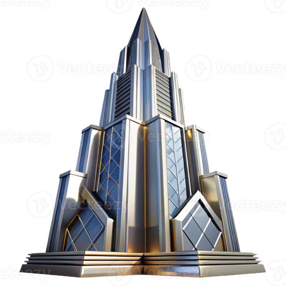 elegant artistic beautiful creative Art Deco skyscraper, chrome and glass, sharp angles, sunlight reflecting off the facade, highly polished surfaces, stylized geometric patterns, volumetric... png