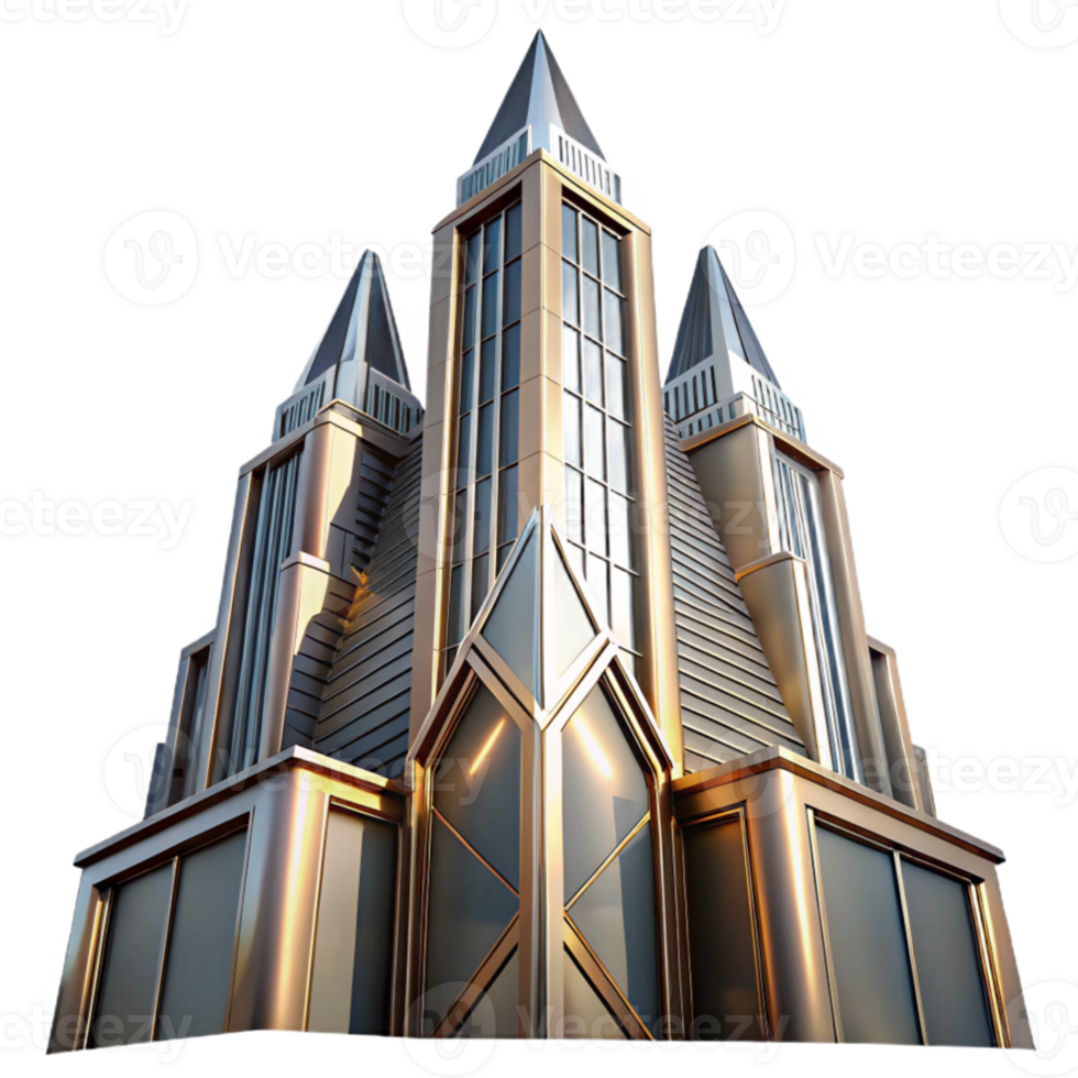 impressive modern dramatic creative Art Deco skyscraper, chrome and glass, sharp angles, sunlight reflecting off the facade, highly polished surfaces, stylized geometric patterns, volumetric... png
