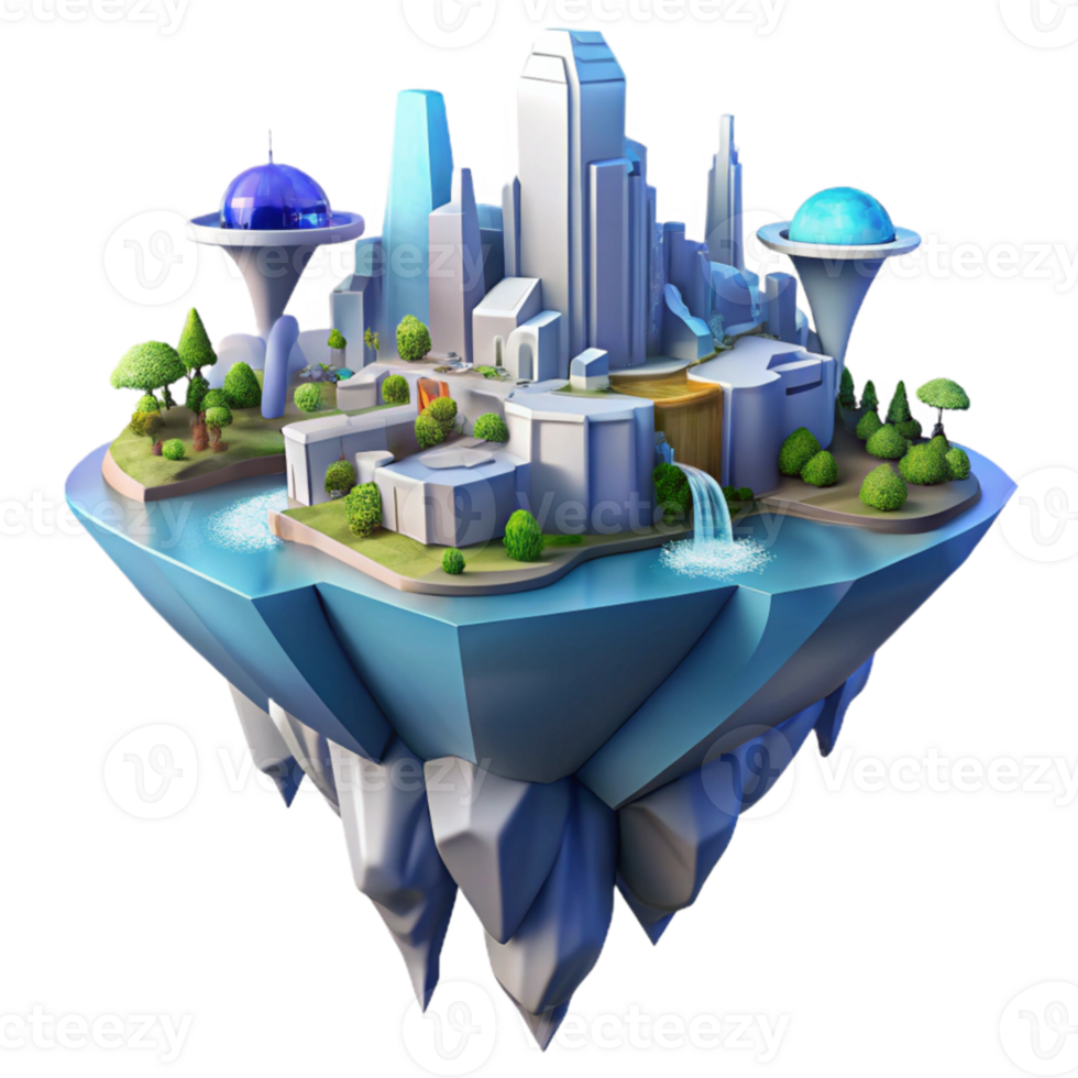extraordinary minimalist vibrant rustic A floating island city, interconnected platforms, waterfalls cascading down the sides, futuristic architecture, vibrant colors, aerial perspective, digital... png