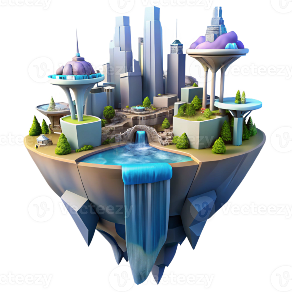 impressive rustic dramatic classic A floating island city, interconnected platforms, waterfalls cascading down the sides, futuristic architecture, vibrant colors, aerial perspective, digital... png