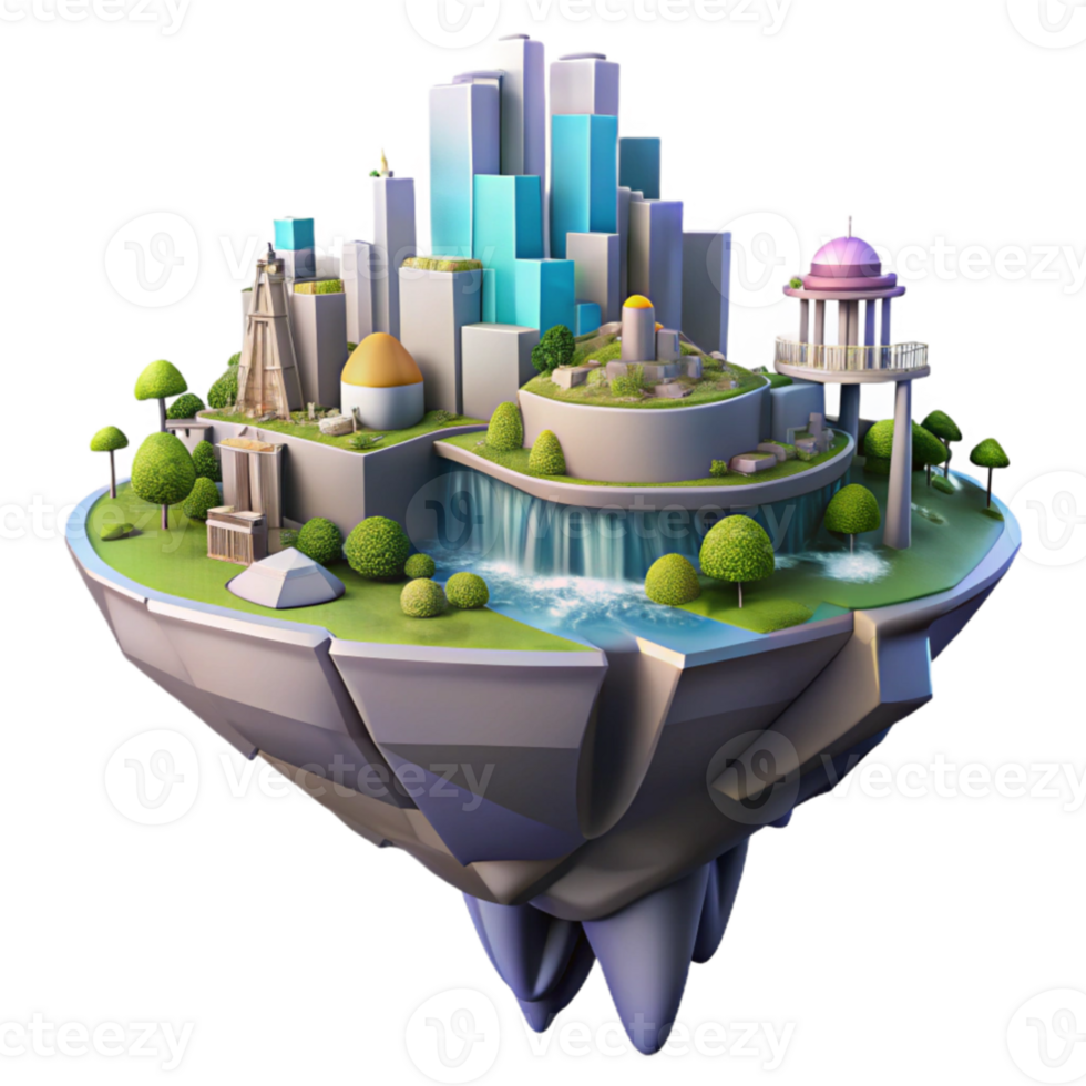 impressive artistic serene modern A floating island city, interconnected platforms, waterfalls cascading down the sides, futuristic architecture, vibrant colors, aerial perspective, digital... png