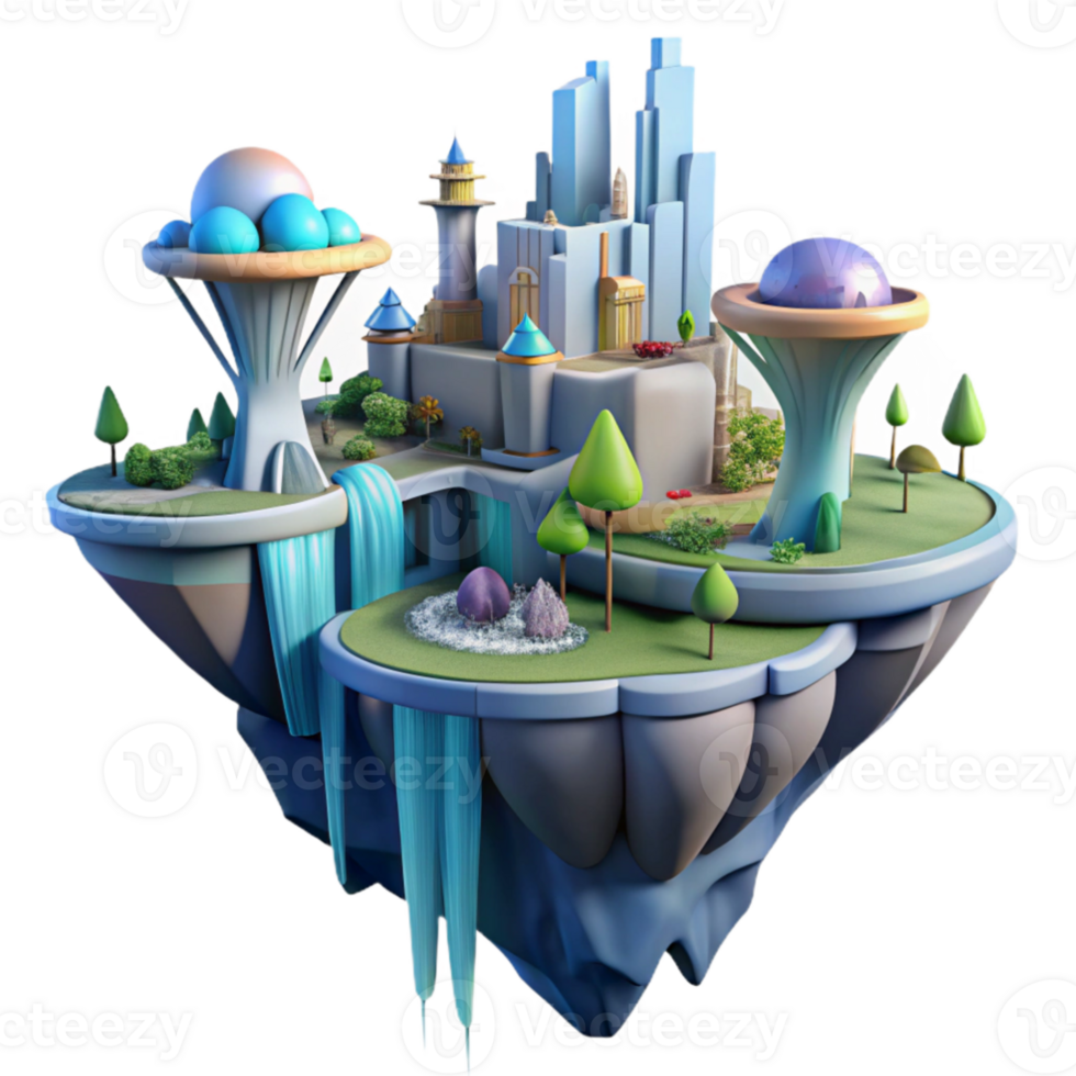 impressive artistic serene abstract A floating island city, interconnected platforms, waterfalls cascading down the sides, futuristic architecture, vibrant colors, aerial perspective, digital... png