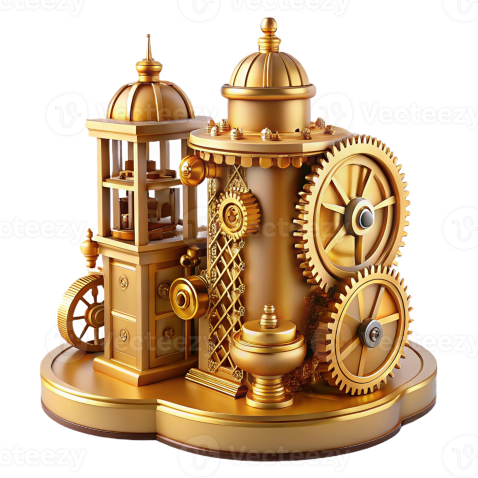 elegant rustic dramatic creative An intricate clockwork tower, gears and mechanisms visible, steampunk aesthetic, warm golden lighting, intricate details, high contrast, photorealistic original... png