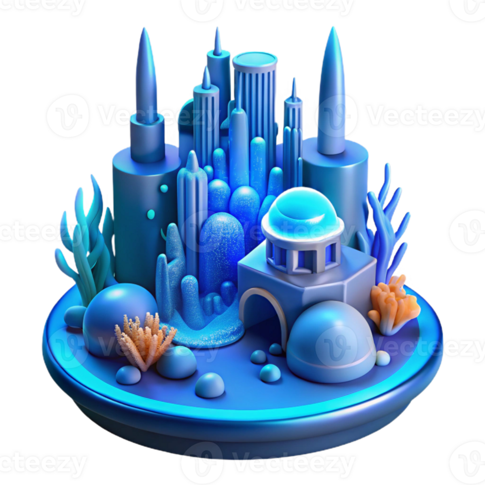 magnificent modern beautiful artistic An underwater city, bioluminescent coral structures, glowing aquatic life, serene blue lighting, futuristic architecture, panoramic view high resolution... png