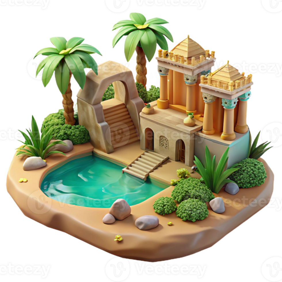 extraordinary classic impressive classic A desert oasis with a hidden temple, lush vegetation, shimmering water, ancient architecture, warm desert lighting, detailed textures, realistic style... png