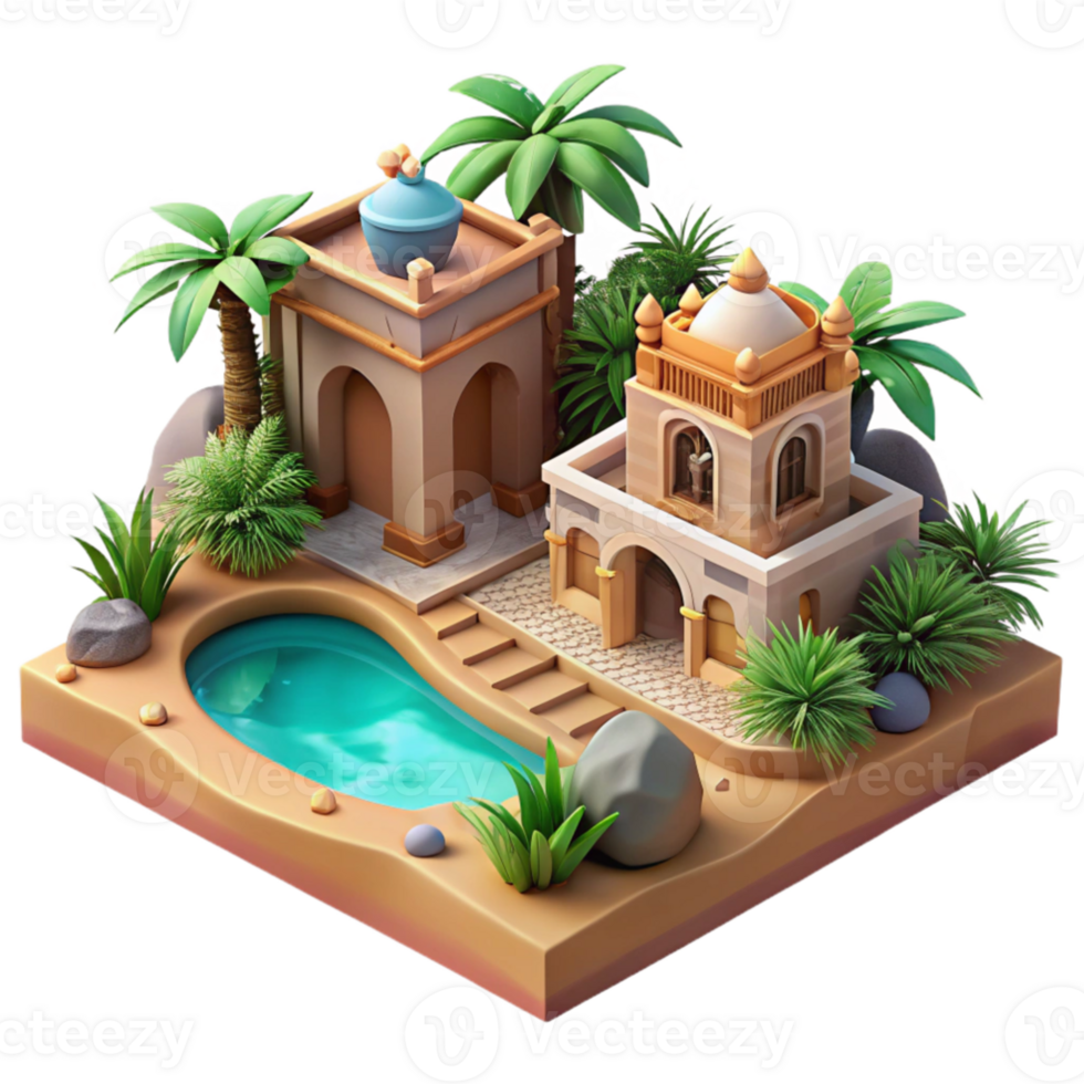 elegant vintage wonderful classic A desert oasis with a hidden temple, lush vegetation, shimmering water, ancient architecture, warm desert lighting, detailed textures, realistic style high... png