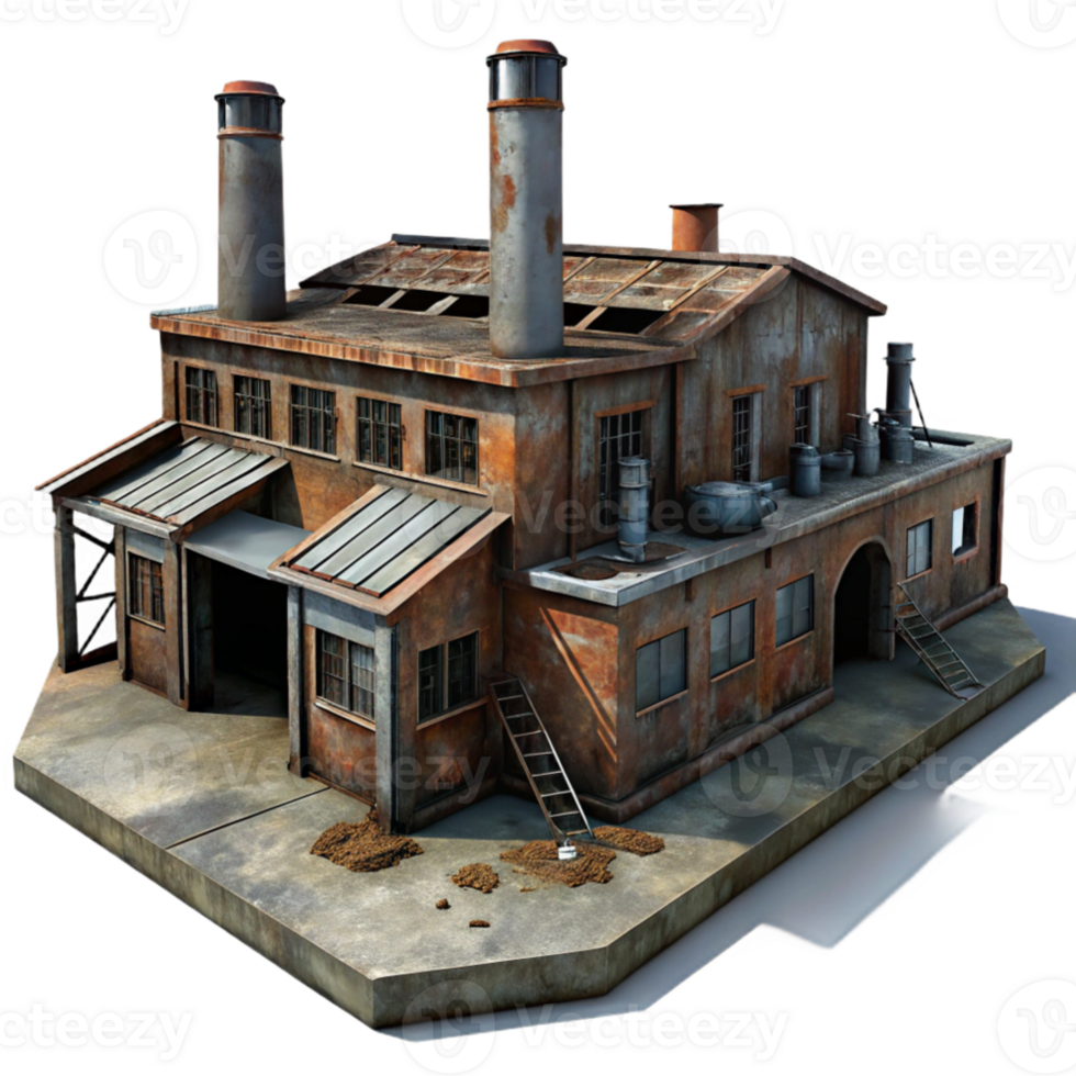 impressive creative serene contemporary An abandoned industrial factory, rusted metal and broken windows, dim lighting, post-apocalyptic setting, gritty textures, photorealistic rendering high... png