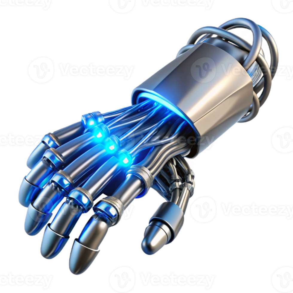 extraordinary contemporary stunning minimalist A chrome and glass cybernetic arm intricately interwoven with glowing fiber optic cables, illuminated by a cool, electric blue light in a chiaroscuro... png