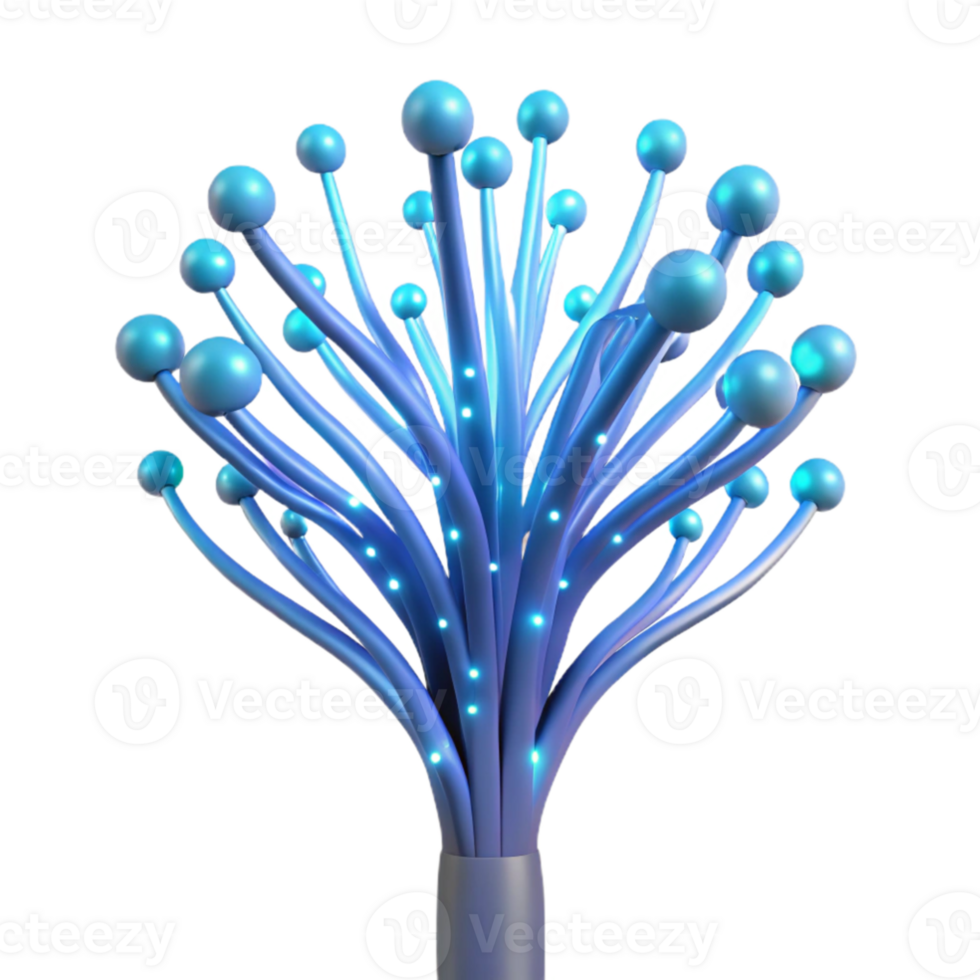 dramatic artistic vibrant contemporary A bioluminescent tree with branches made of fiber optic cables, gently swaying in a breeze, illuminated by its own internal light high quality professional png