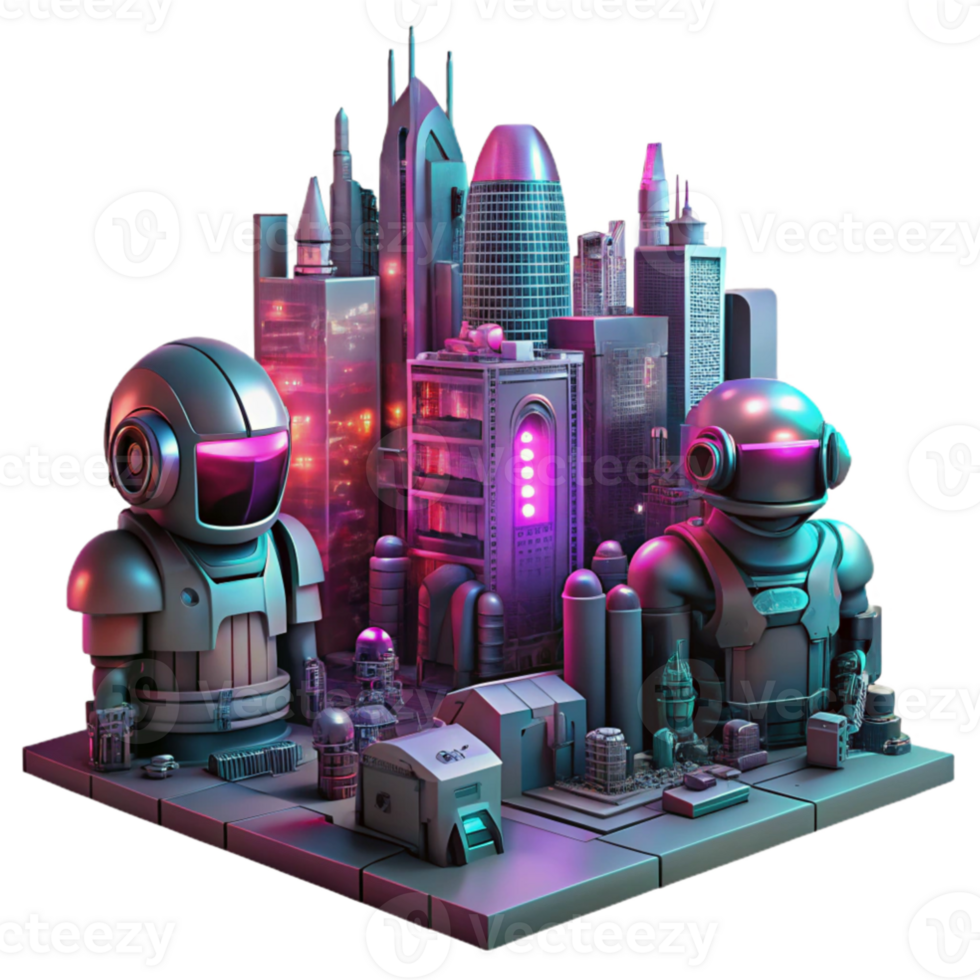 serene artistic magnificent contemporary A desolate, futuristic cityscape composed of decaying robots and flickering holographic advertisements, lit by a harsh, crimson neon glow, in a cyberpunk... png