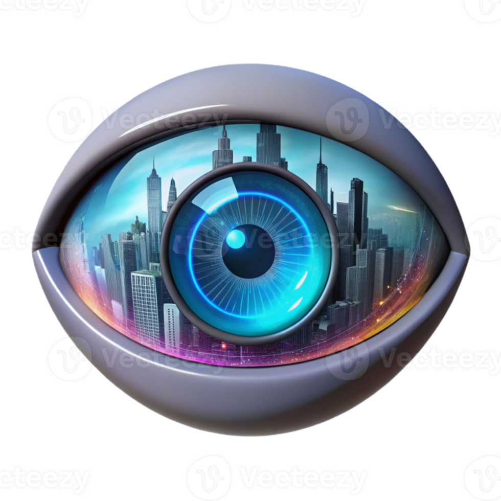 beautiful rustic dramatic contemporary A single, human eye augmented with a complex HUD display, reflecting a vibrant digital cityscape, in a dark, gritty style 4K authentic png
