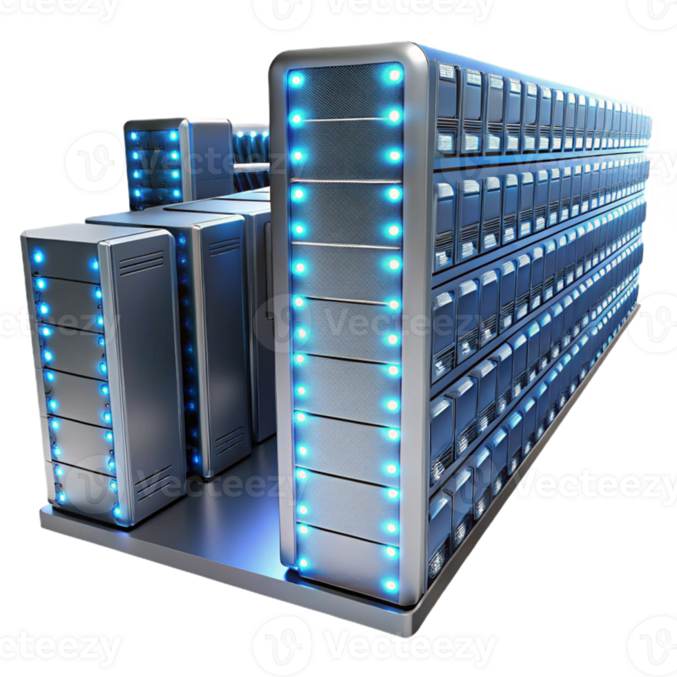 serene modern elegant minimalist A colossal, metallic server farm extending into infinity, illuminated by rows of blinking LED lights, in a minimalist style high resolution professional png