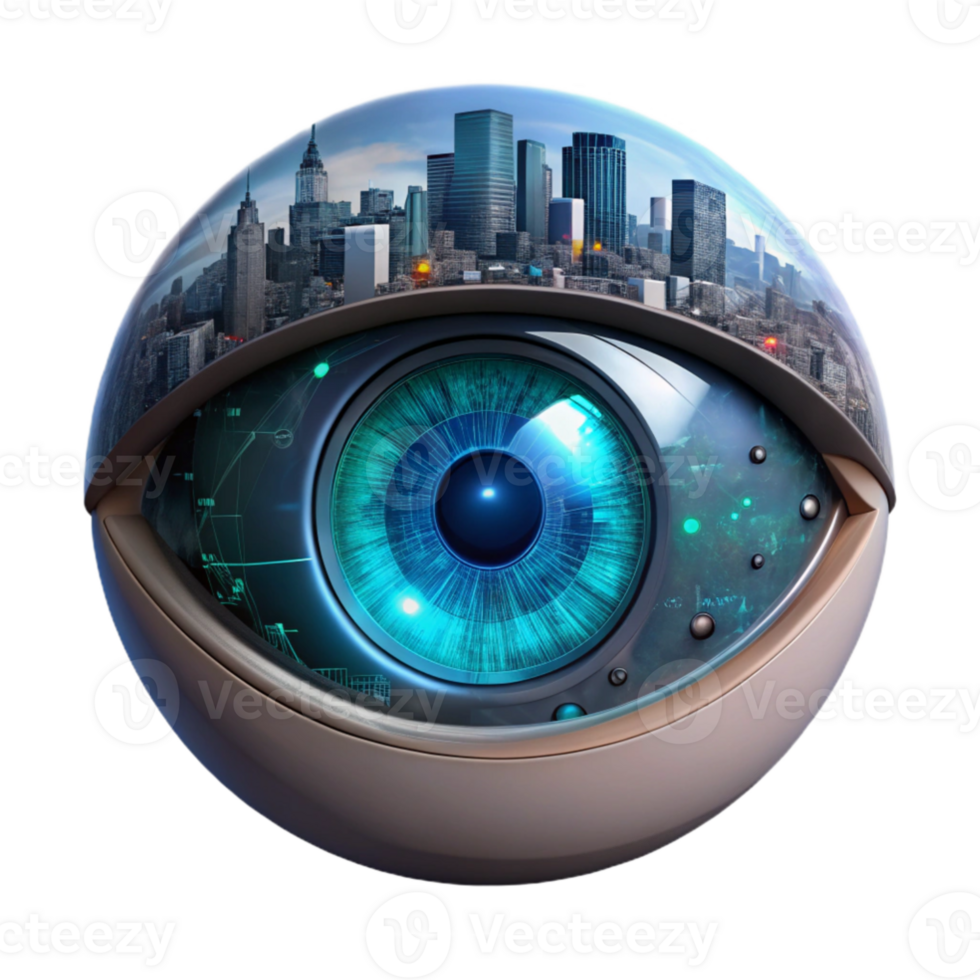 wonderful contemporary dramatic modern A single, human eye augmented with a complex HUD display, reflecting a vibrant digital cityscape, in a dark, gritty style professional 4K png