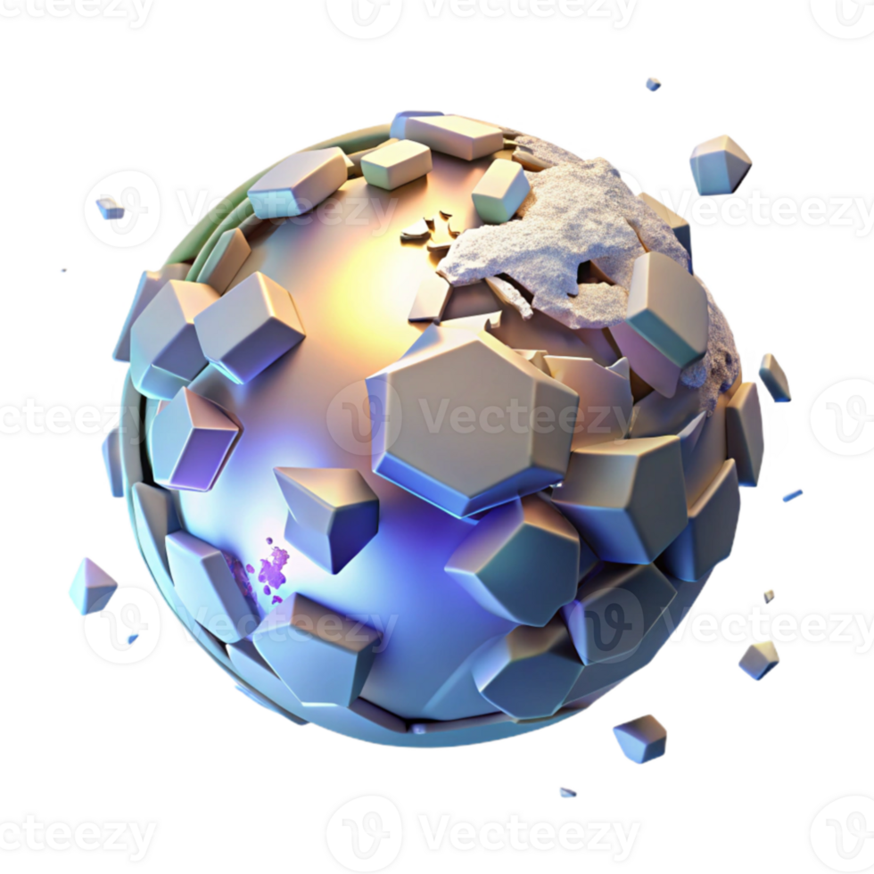 serene vintage dramatic artistic A holographic projection of the Earth shattering into fragments, illuminated by a harsh, white light, in a dystopian style authentic high resolution png
