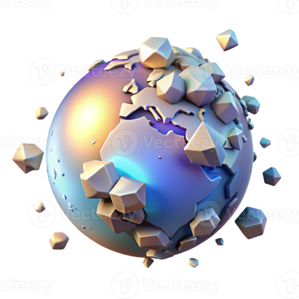 extraordinary classic wonderful abstract A holographic projection of the Earth shattering into fragments, illuminated by a harsh, white light, in a dystopian style 4K 4K png