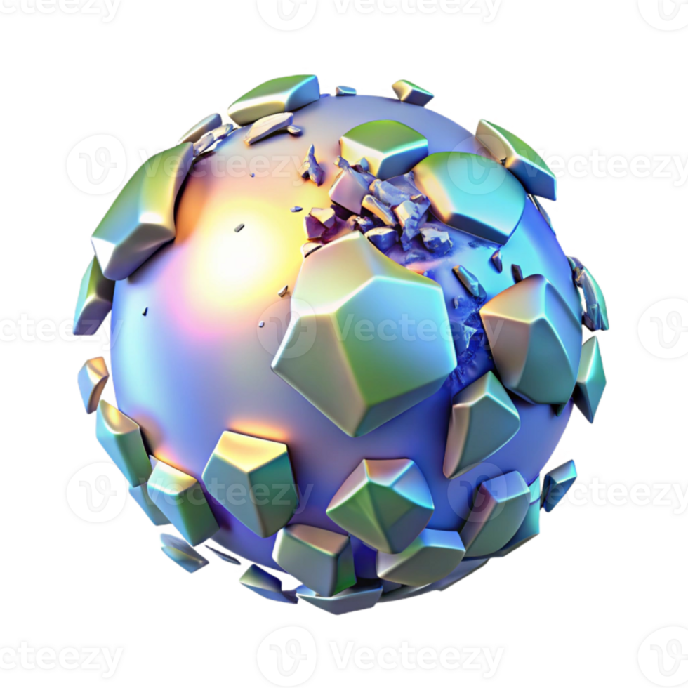 stunning classic magnificent minimalist A holographic projection of the Earth shattering into fragments, illuminated by a harsh, white light, in a dystopian style high quality premium png