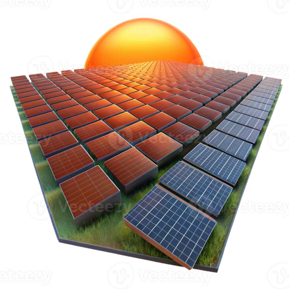 beautiful modern elegant minimalist A field of solar panels stretching as far as the eye can see, reflecting a vibrant sunset, in a realistic style professional authentic png