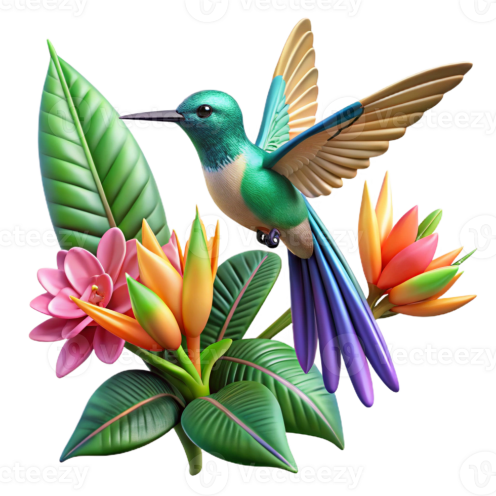 extraordinary traditional dramatic abstract A hummingbird hovering in mid-air, its iridescent feathers catching the light, surrounded by vibrant, tropical flowers.... png