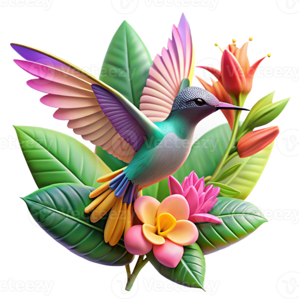 elegant vintage impressive rustic A hummingbird hovering in mid-air, its iridescent feathers catching the light, surrounded by vibrant, tropical flowers. Nature photography style professional 4K png